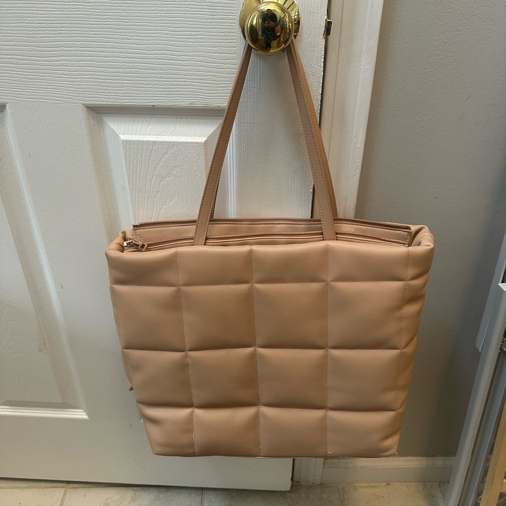 a new day Beige Quilted Tote Bag